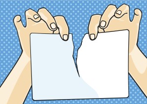 Two hands rip up a piece of paper, in the style of Roy Lichenstein